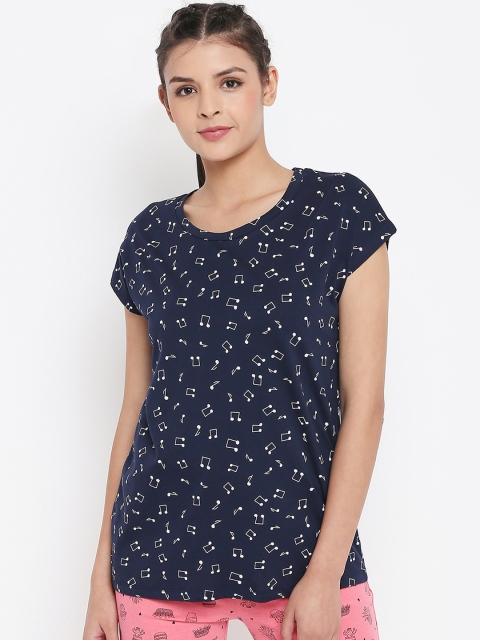 

Dreamz by Pantaloons Women Navy Blue Printed Round Neck T-shirt