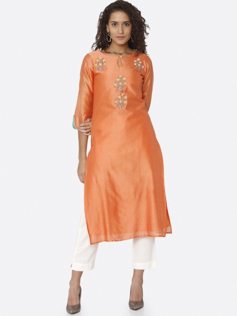 

RAISIN Women Orange Embroidered Straight Silk Kurta