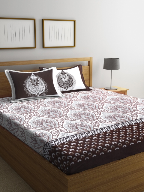 

SWHF Brown & White Ethnic Motifs 400 TC Cotton 1 King Bedsheet with 2 Pillow Covers
