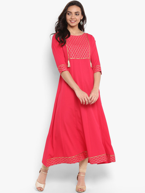 

Janasya Women Pink Printed A-Line Kurta