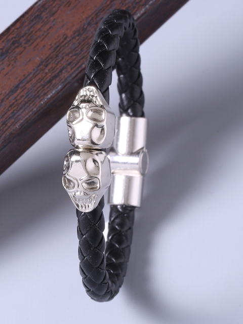 

Dare by Voylla Men Black & Silver-Plated Leather Handcrafted Bangle-Style Bracelet