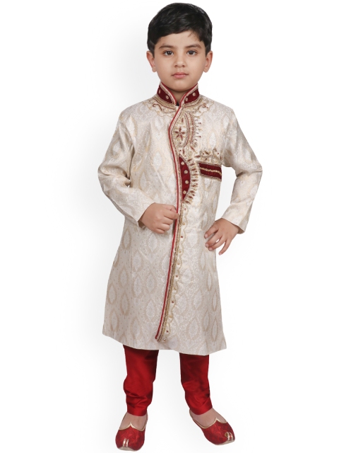 

SG YUVRAJ Boys Beige & Red Embellished Sherwani Set, Cream