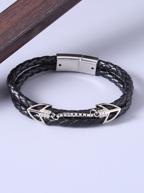 

Dare by Voylla Men Black & Silver-Plated Leather Handcrafted Multistrand Bracelet