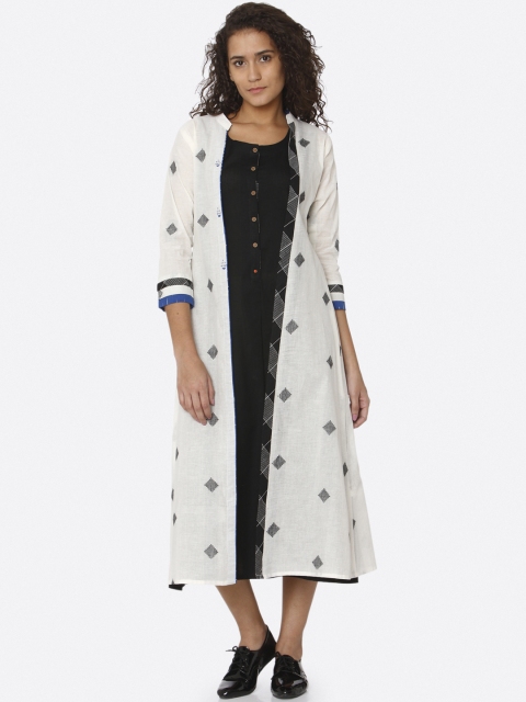 

RAISIN Women Black & Cream-Coloured Self-Design A-Line Kurta Dress with Jacket