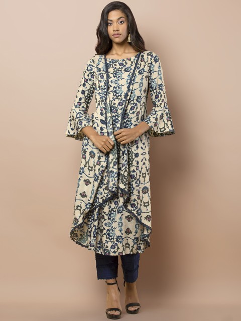 

INDYA Women Blue & Off-White Printed Straight Kurta