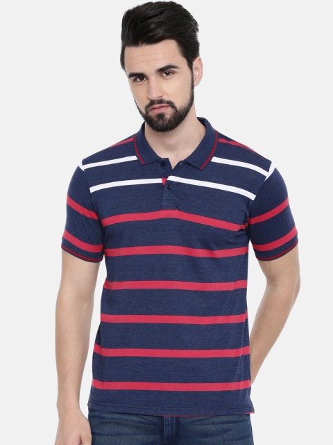 

IMYOUNG Men Navy Blue Striped Polo Collar T-shirt
