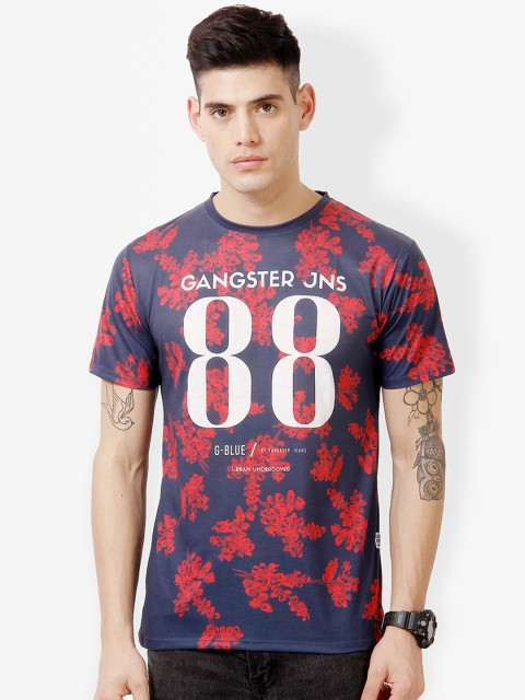 

gangster JEANS Men Navy Blue Printed Round Neck T-shirt