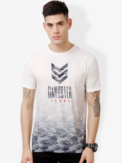 

gangster JEANS Men White Printed Round Neck T-shirt