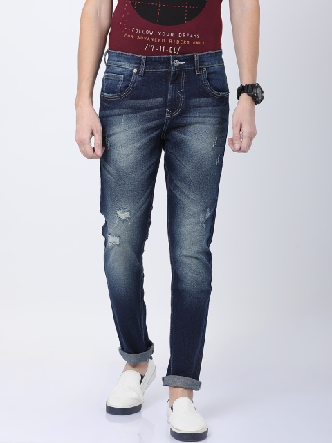 

STATLEY Men Navy Blue Skinny Fit Mid-Rise Low Distress Stretchable Jeans