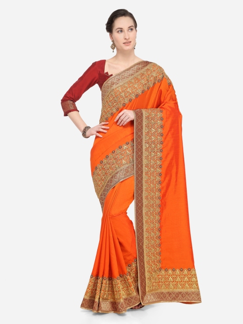 

Indian Women Orange Embroidered Poly Silk Saree