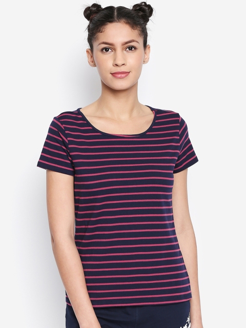 

Dreamz by Pantaloons Women Navy Blue Striped Round Neck Lounge T-shirt