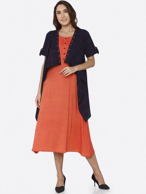 

RAISIN Women Orange & Navy Blue Checked A-Line Dress
