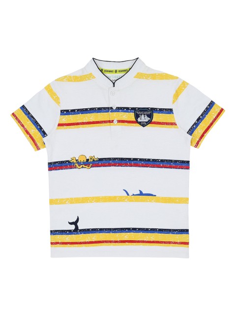 

Pantaloons Junior Boys White Striped Mandarin Collar Pure Cotton T-shirt