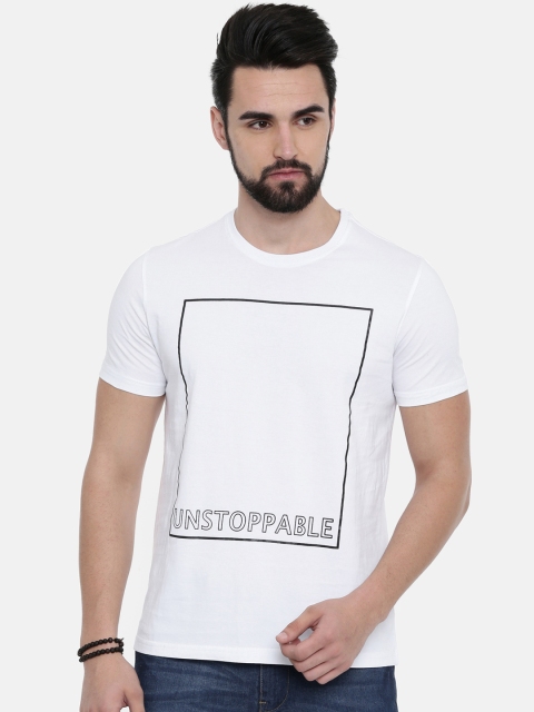 IMYOUNG Men White Printed Round Neck T-shirt