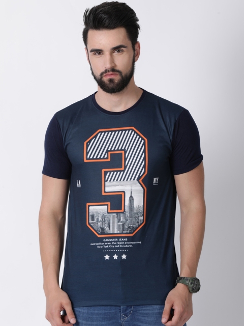 

gangster JEANS Men Navy Blue Printed Round Neck T-shirt