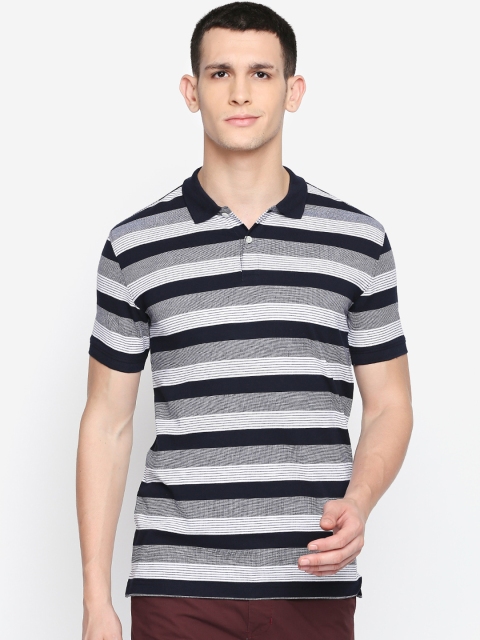 

BYFORD by Pantaloons Men Navy Blue & Grey Striped Polo Collar T-shirt