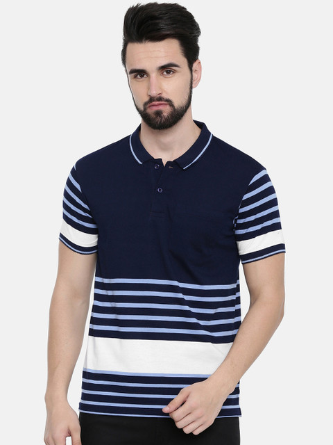 

IMYOUNG Men Navy Blue Striped Polo Collar T-shirt