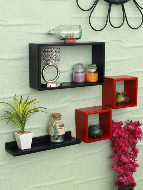 

Home Sparkle Black & Red Set of 4 MDF Basic Wall Shelf