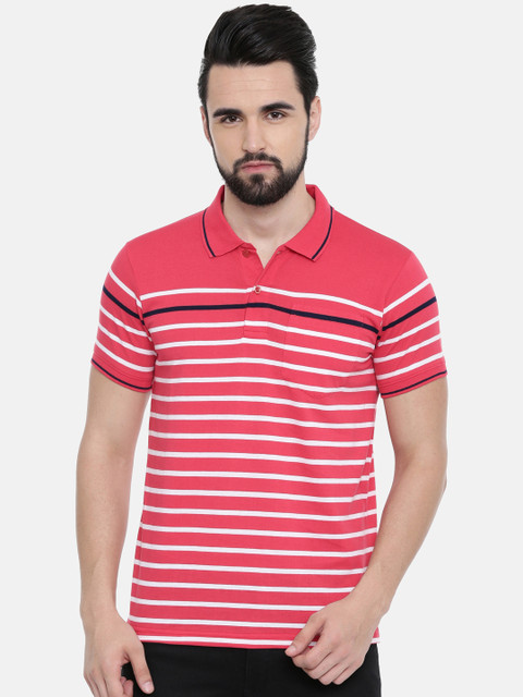 

IMYOUNG Men Red Striped Polo Collar T-shirt
