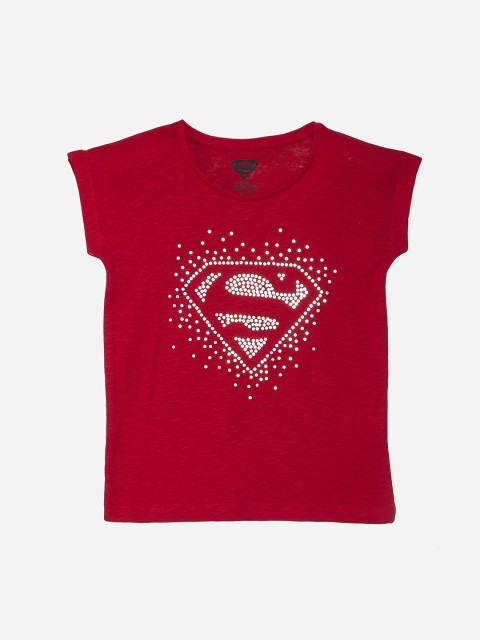 

Kids Ville Girls White Supergirl Printed Round Neck Half Sleeve T-shirt, Red