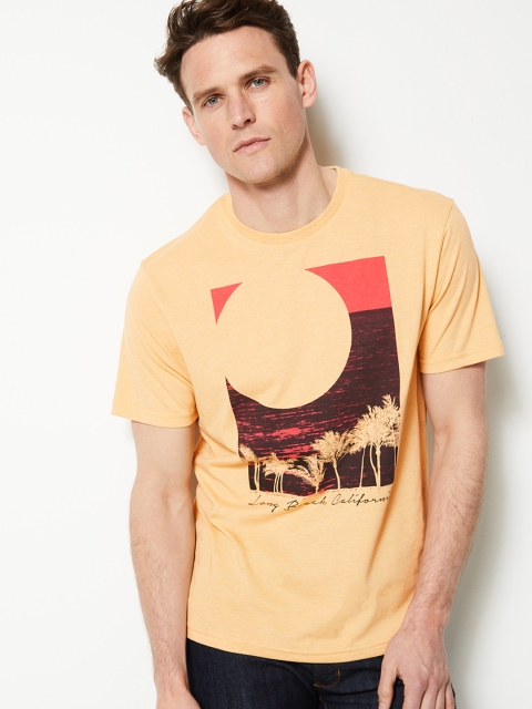 Marks & Spencer Men Yellow Orange Printed Round Neck T-shirt