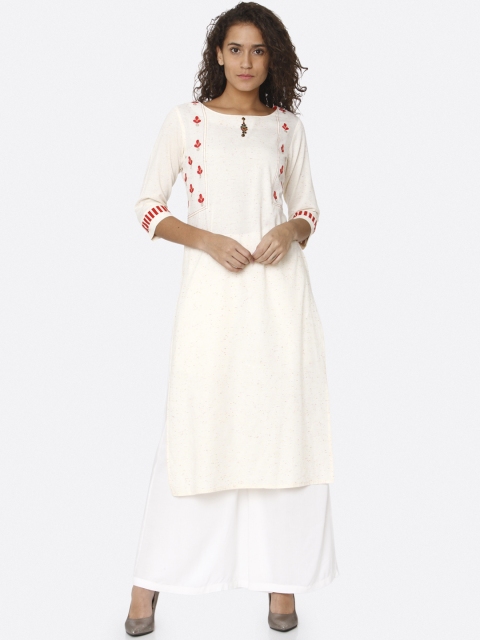 

RAISIN Women White Embroidered Straight Kurta