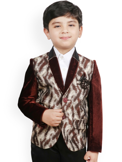 SG YUVRAJ Boys Coffee Brown & Grey Self Design Regular-Fit Single-Breasted Blazer