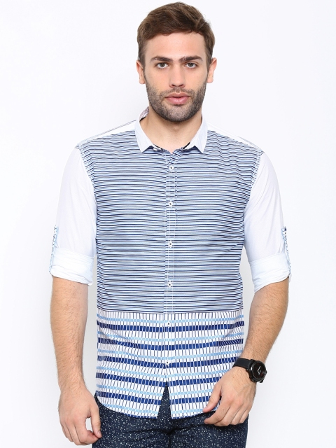 

WITH Men White & Blue Slim Fit Striped Casual Shirt