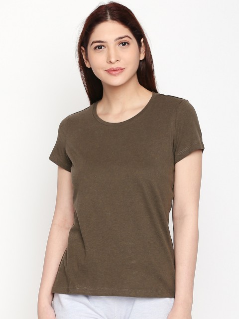 

Dreamz by Pantaloons Women Olive Brown Solid Round Neck Pure Cotton Lounge T-shirt
