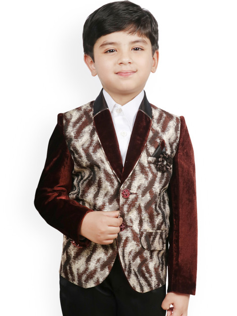 

SG YUVRAJ Boys Coffee Brown & Grey Self Design Regular-Fit Single-Breasted Blazer