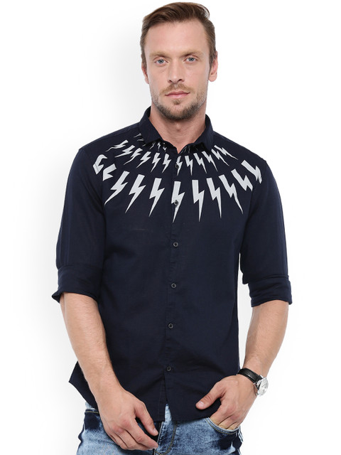 

WITH Men Navy Blue Slim Fit Printed Casual Shirt