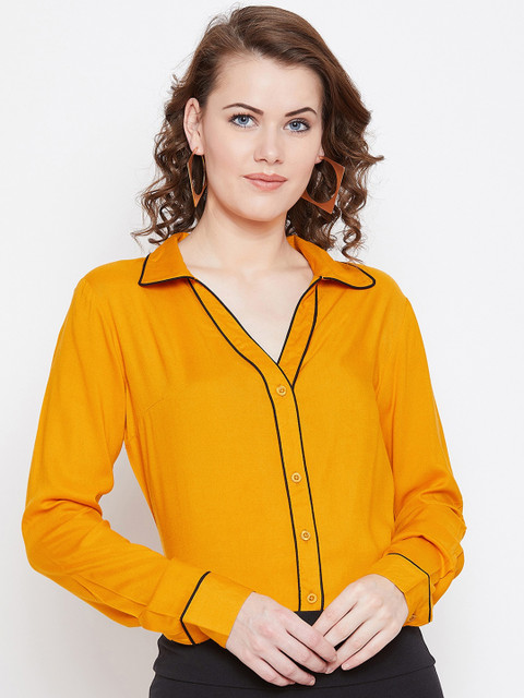 

PURYS Women Mustard Yellow & Black Regular Fit Solid Casual Shirt