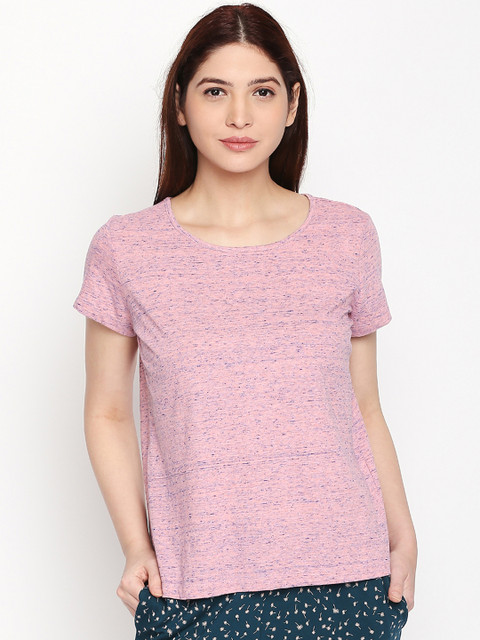 

Dreamz by Pantaloons Women Pink Blue Solid Round Neck Pure Cotton Lounge T-shirt