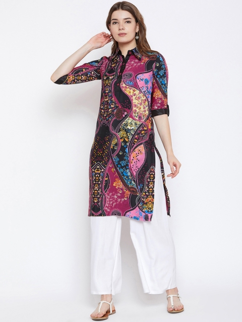 

Aask Women Multicoloured Printed Straight Kurta, Black