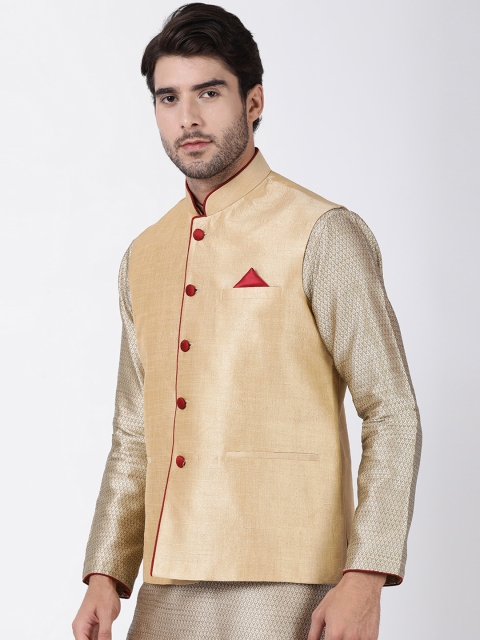 

VASTRAMAY Men Beige Solid Woven Nehru Jacket
