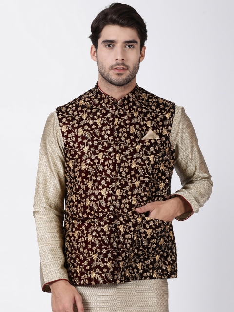 

VASTRAMAY Men Maroon & Gold-Toned Woven Design Nehru Jacket