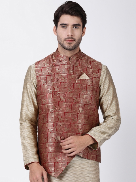 

VASTRAMAY Men Maroon Woven Design Nehru Jacket