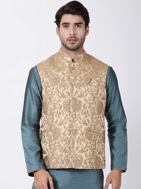 

VASTRAMAY Men Beige Woven Design Nehru Jacket
