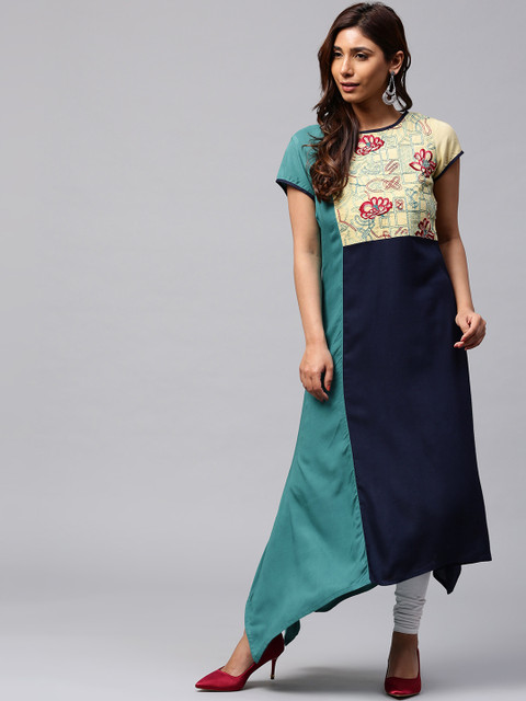 

Jaipur Kurti Women Beige & Blue Printed A-Line Kurta