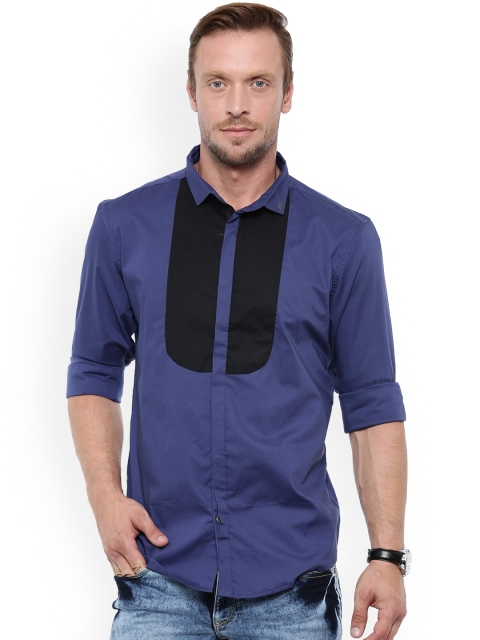 

WITH Men Navy Blue & Black Slim Fit Colourblocked Casual Shirt