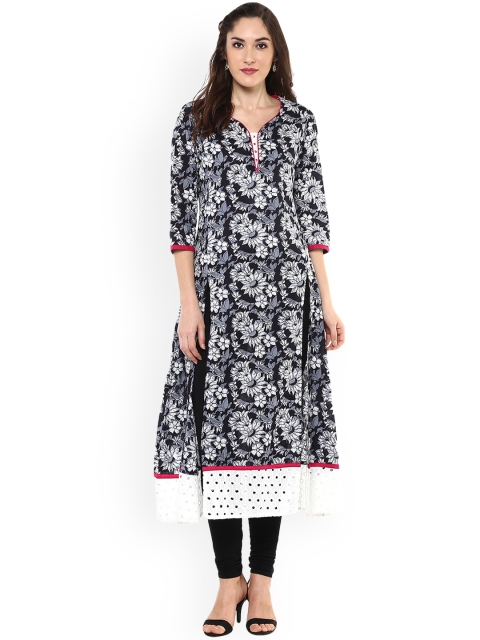 

Jaipur Kurti Women Black & Grey Floral Print A-Line Kurta