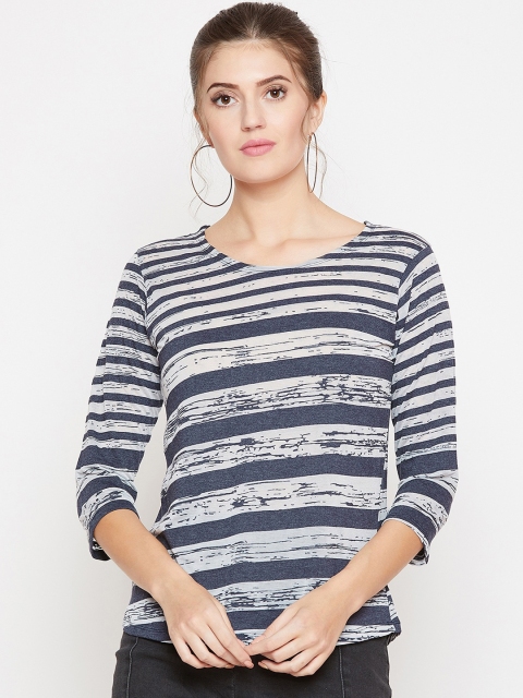 

PURYS Women Grey & Blue Striped Round Neck T-shirt