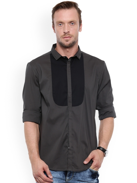 

WITH Men Grey & Black Slim Fit Colourblocked Casual Shirt
