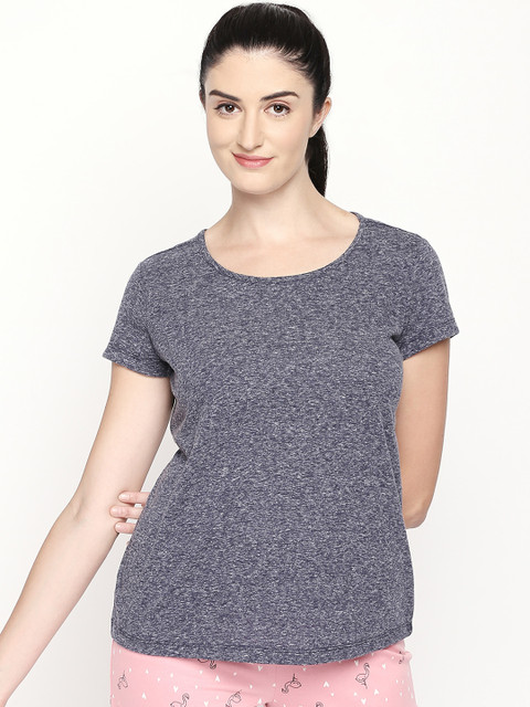 

Dreamz by Pantaloons Women Blue Solid Round Neck Pure Cotton Lounge T-shirt
