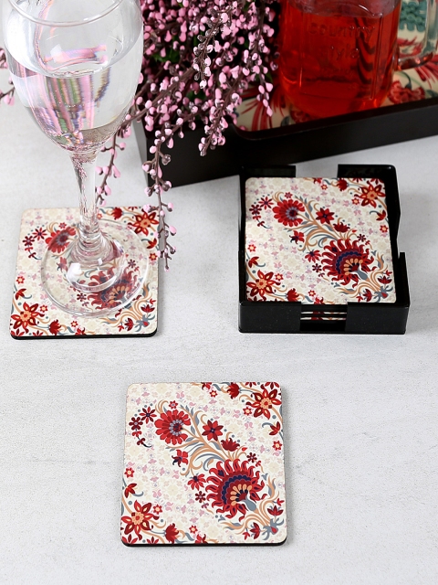 

Reinvention Factory Set of 6 Cream-Coloured & Red Printed Coasters