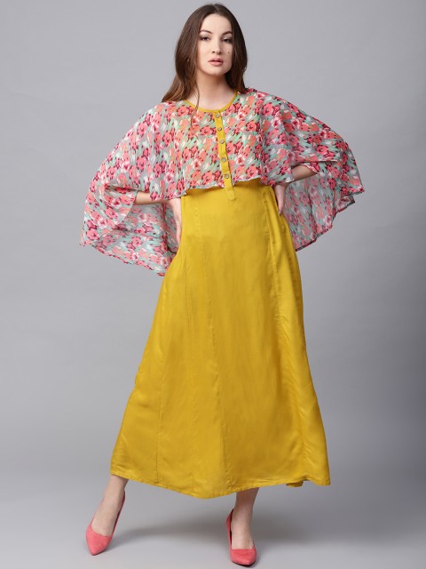 

Jaipur Kurti Women Mustard Yellow Printed Layered A-Line Dress