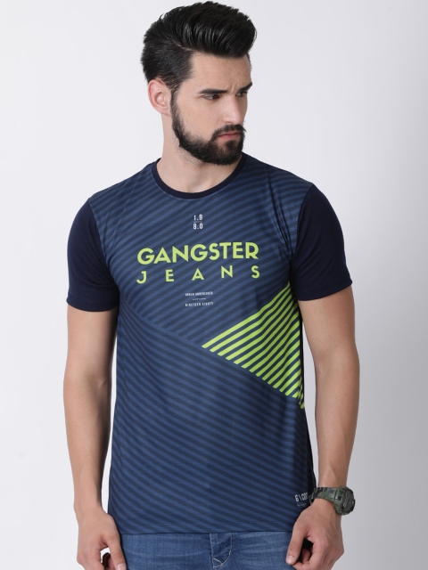 

gangster JEANS Men Navy Blue Printed Round Neck T-shirt