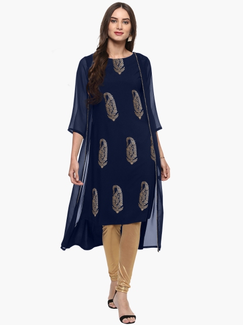 

Janasya Women Blue Printed Layered A-Line Kurta