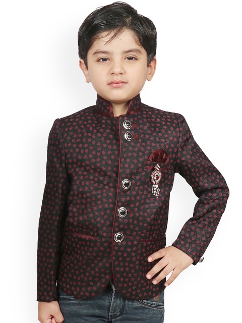 

SG YUVRAJ Boys Black & Maroon Self Design Regular-Fit Single-Breasted Blazer