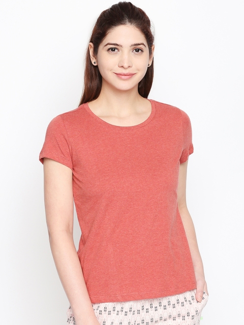 

Dreamz by Pantaloons Women Rust Orange Solid Round Neck Pure Cotton Lounge T-shirt